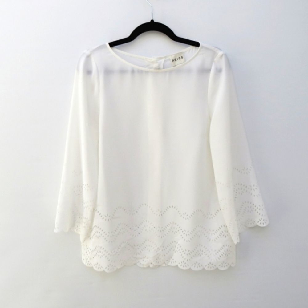 Reiss Womens 4 White Button Back Laser Cut Minimalist Neutral Semi Sheer Blouse